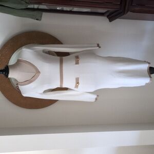 Fashion Nova Women’s White Knit V‑Neck Dress with Tan Trim